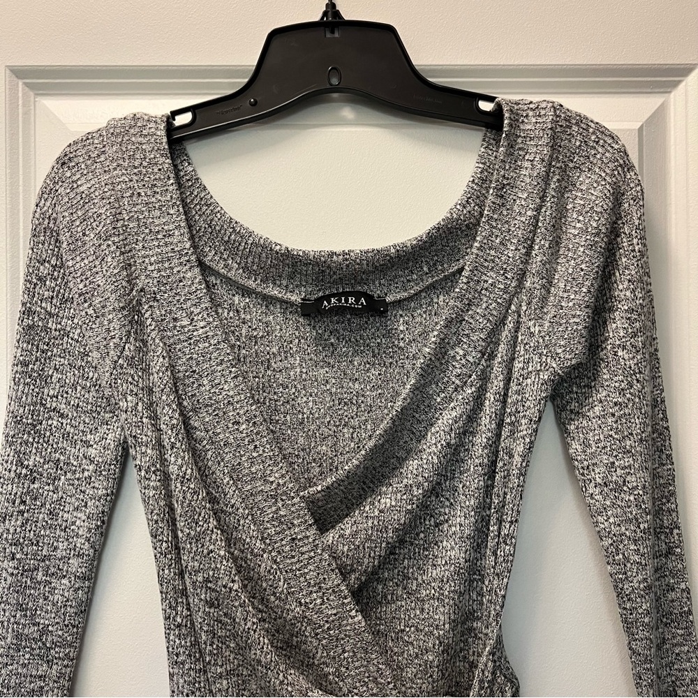 AKIRA V-Neck Tie Waist Mini Sweater Dress-Gray - Picture 4 of 8